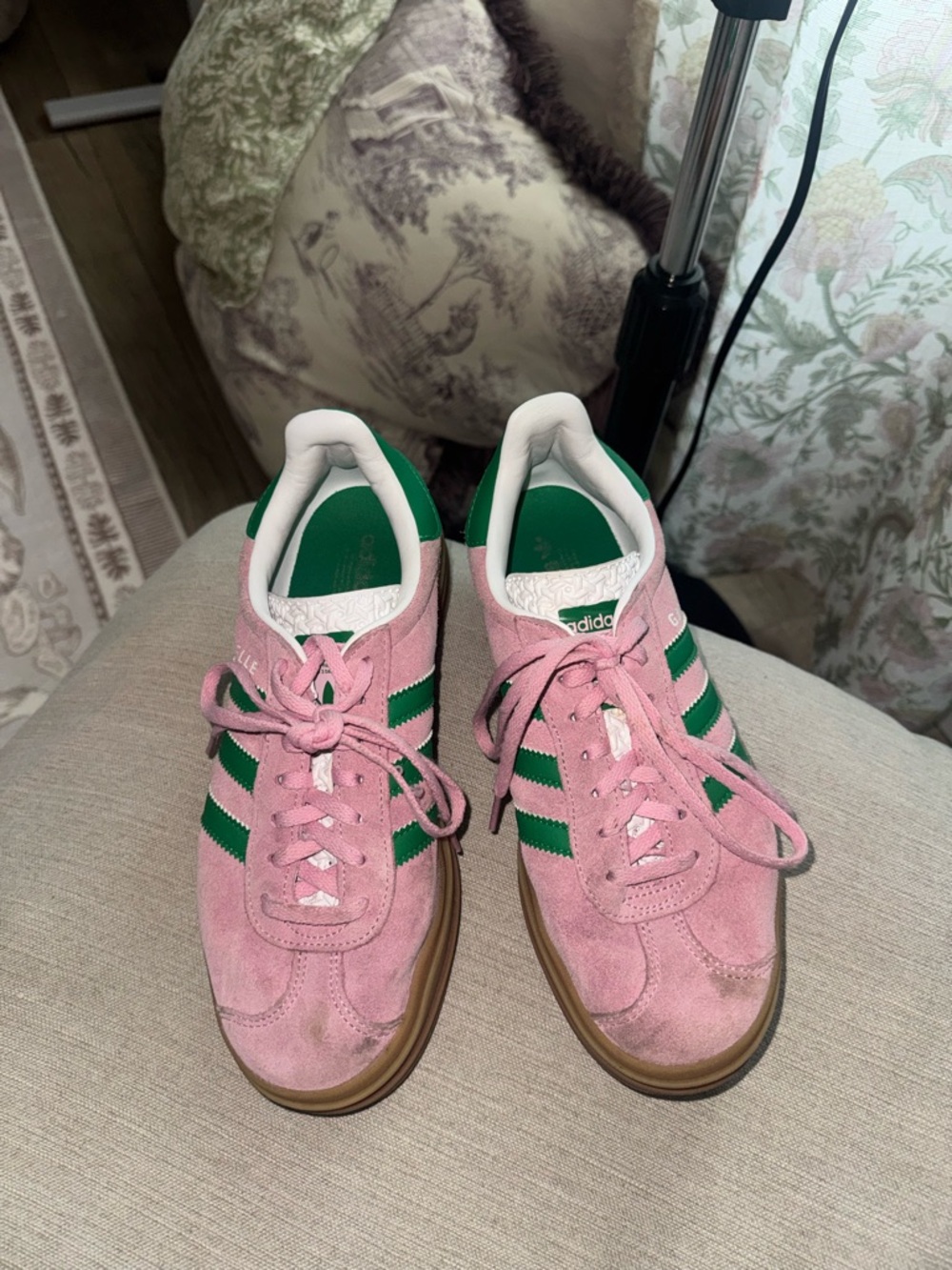 Adidas Women's Pink Suede Sneakers with Green Stripes